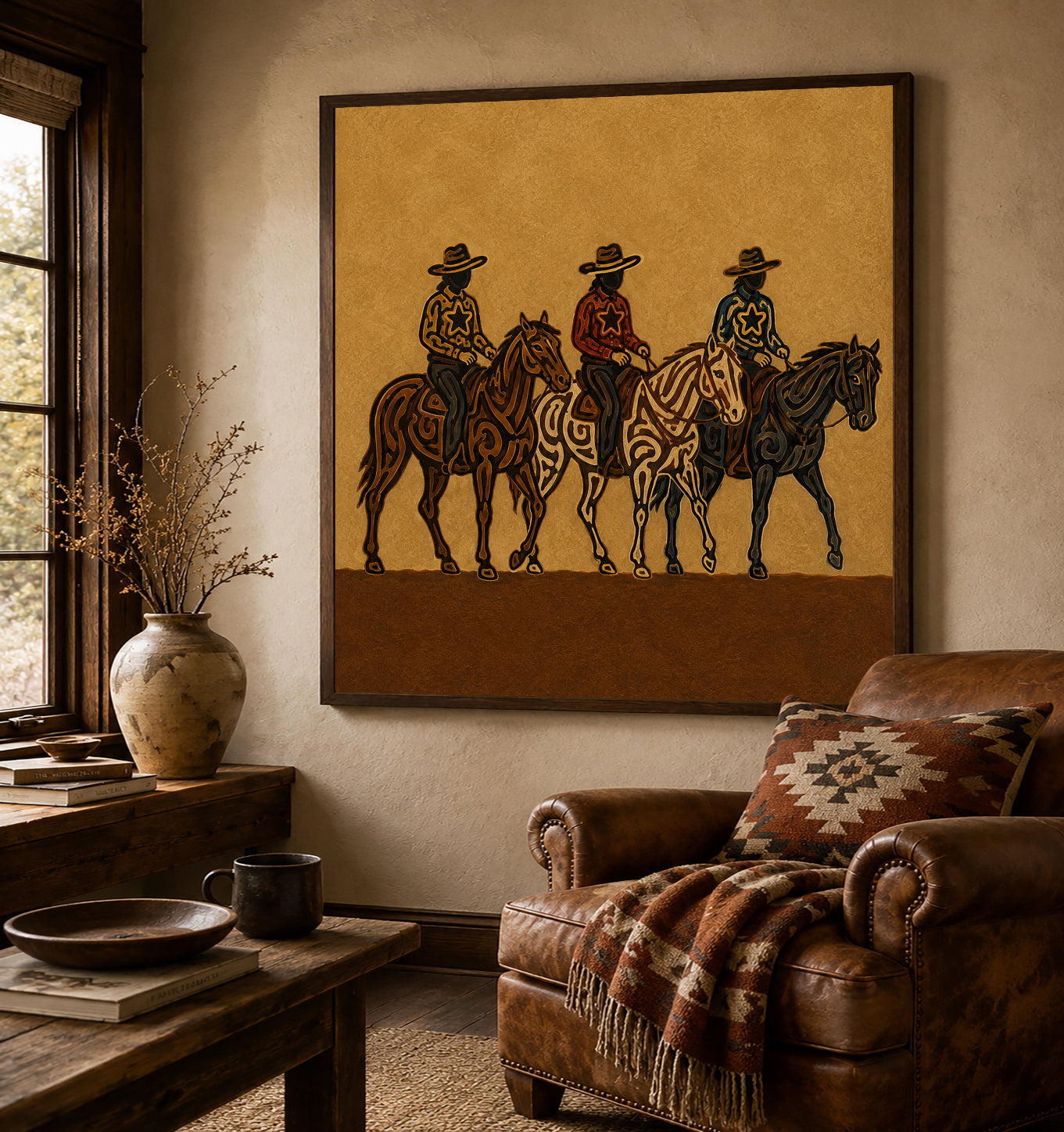 Three Cowboys Horse Painting, Western Ranch Riders, Southwestern Folk Wall Art For Home