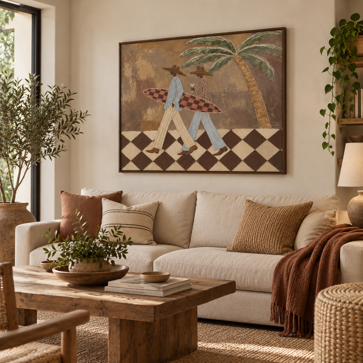 Vintage Cowboy Surf Art Hand-Painted Canvas With Palm Tree And Checkered Board