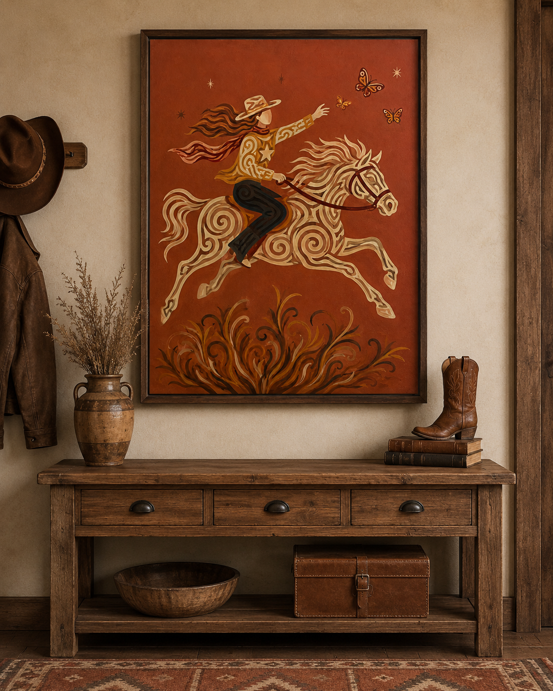 Cowgirl Riding Horse Canvas Painting Hand-Painted Western Art With Butterflies
