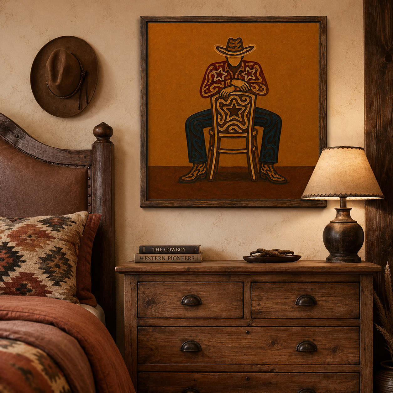 Cowboy Sitting On Chair Art, Bold Western Wall Decor, Minimalist Cowboy Painting, Warm Tone Western Art