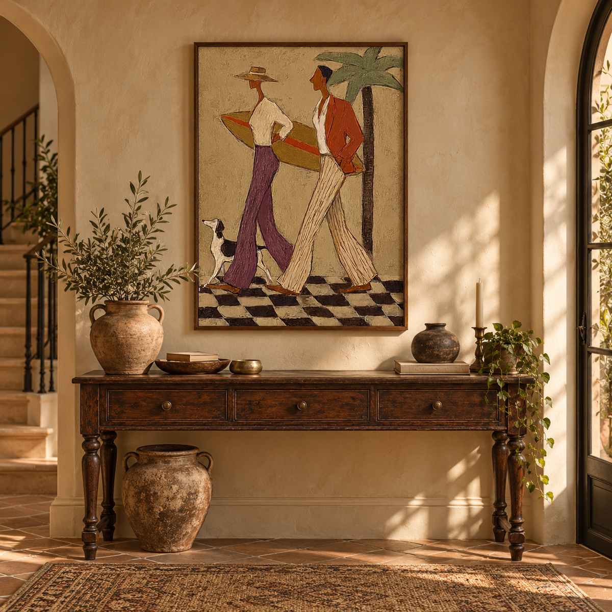 Retro Coastal Couple With Surfboard Canvas Art, Checkered Floor Palm Tree Wall Decor, Vintage Surfing Dog Painting