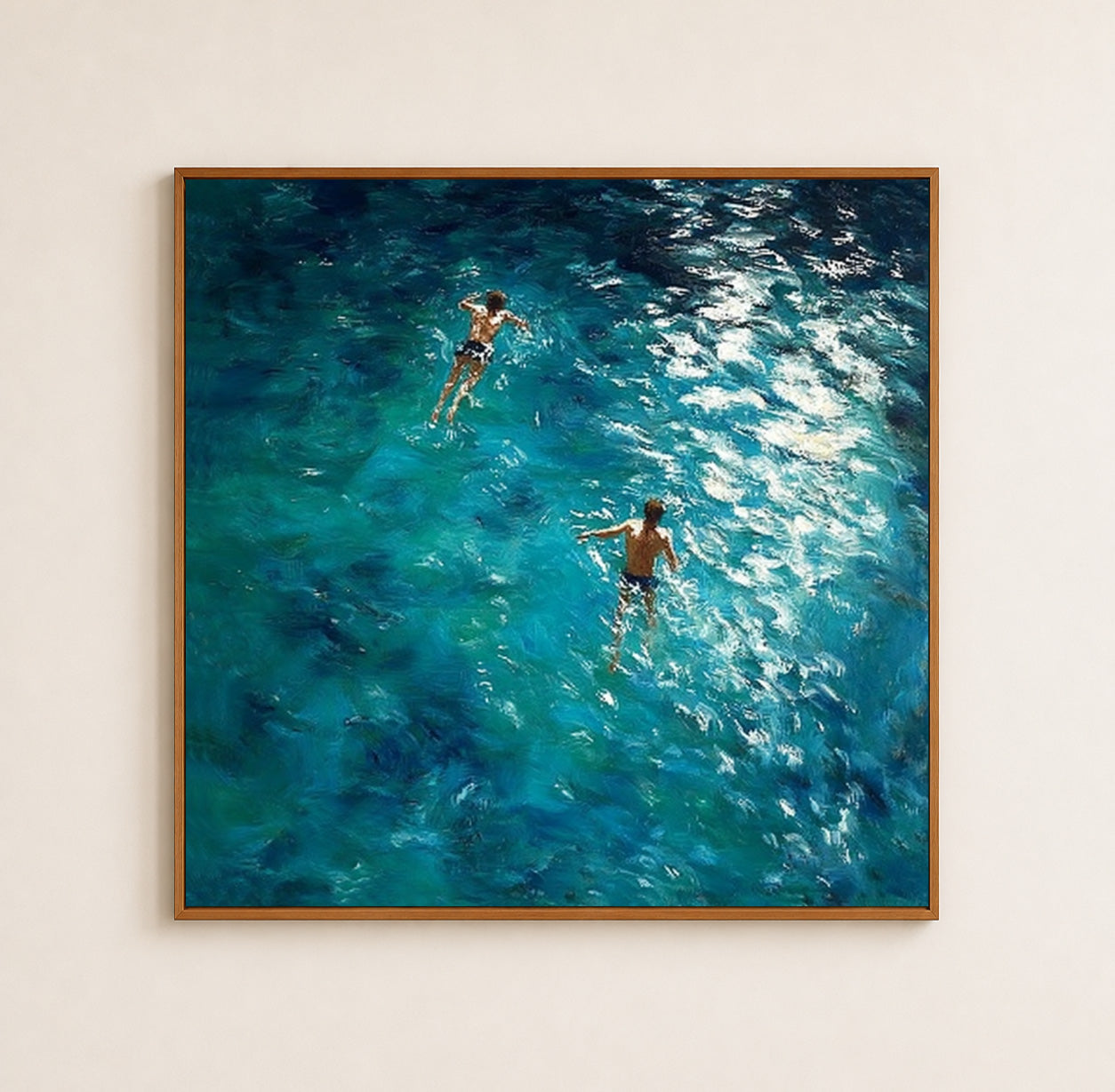 Deep Blue Ocean Swimming Oil Painting With Thick Textured Waves For Modern Home Decor