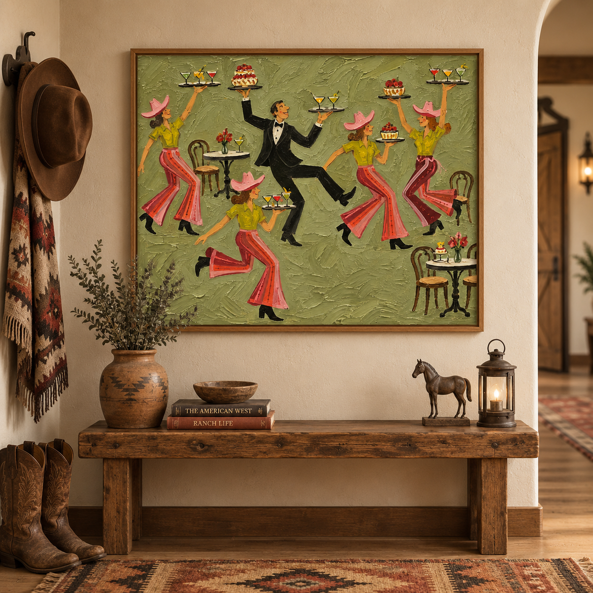 Sage Green Parisian Cafe Wall Art, French Bistro Waiter Painting Restaurant Dining Art