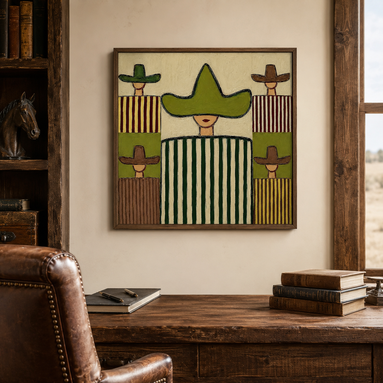 Abstract Figurative Oil Painting With Sombrero Motif In Olive Green And Brown Tones For Modern Wall Decor