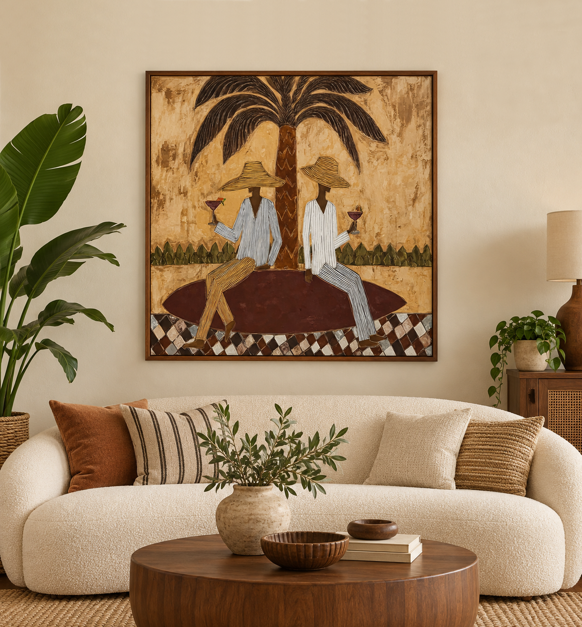 Retro Tropical Figurative Painting With Checkerboard Base Original Canvas