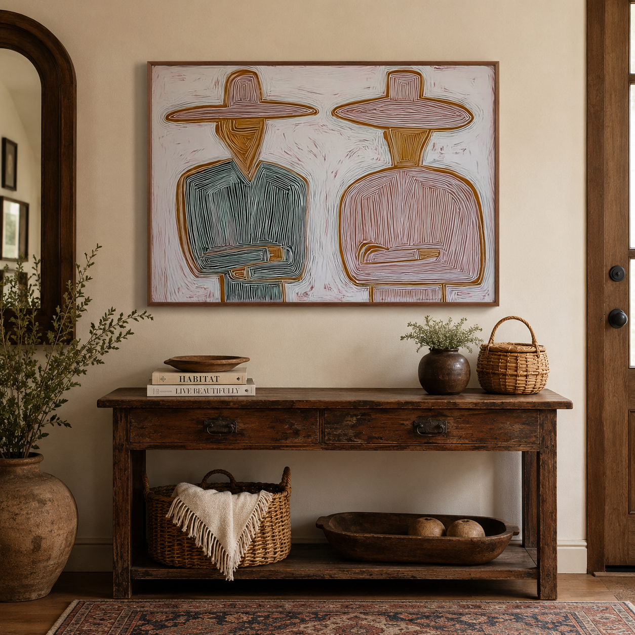 Mediterranean Minimalist Figure Painting With Earthy Tones For Modern Living Room Wall Art