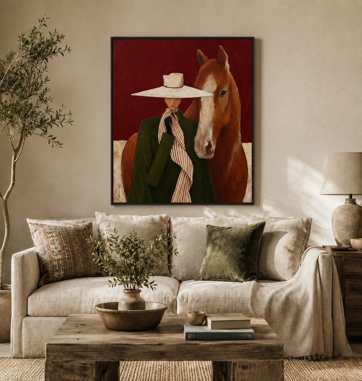Modern Figurative Oil Painting Of Lady In Hat And Horse Unique Wall Art For Entryway And Hallway