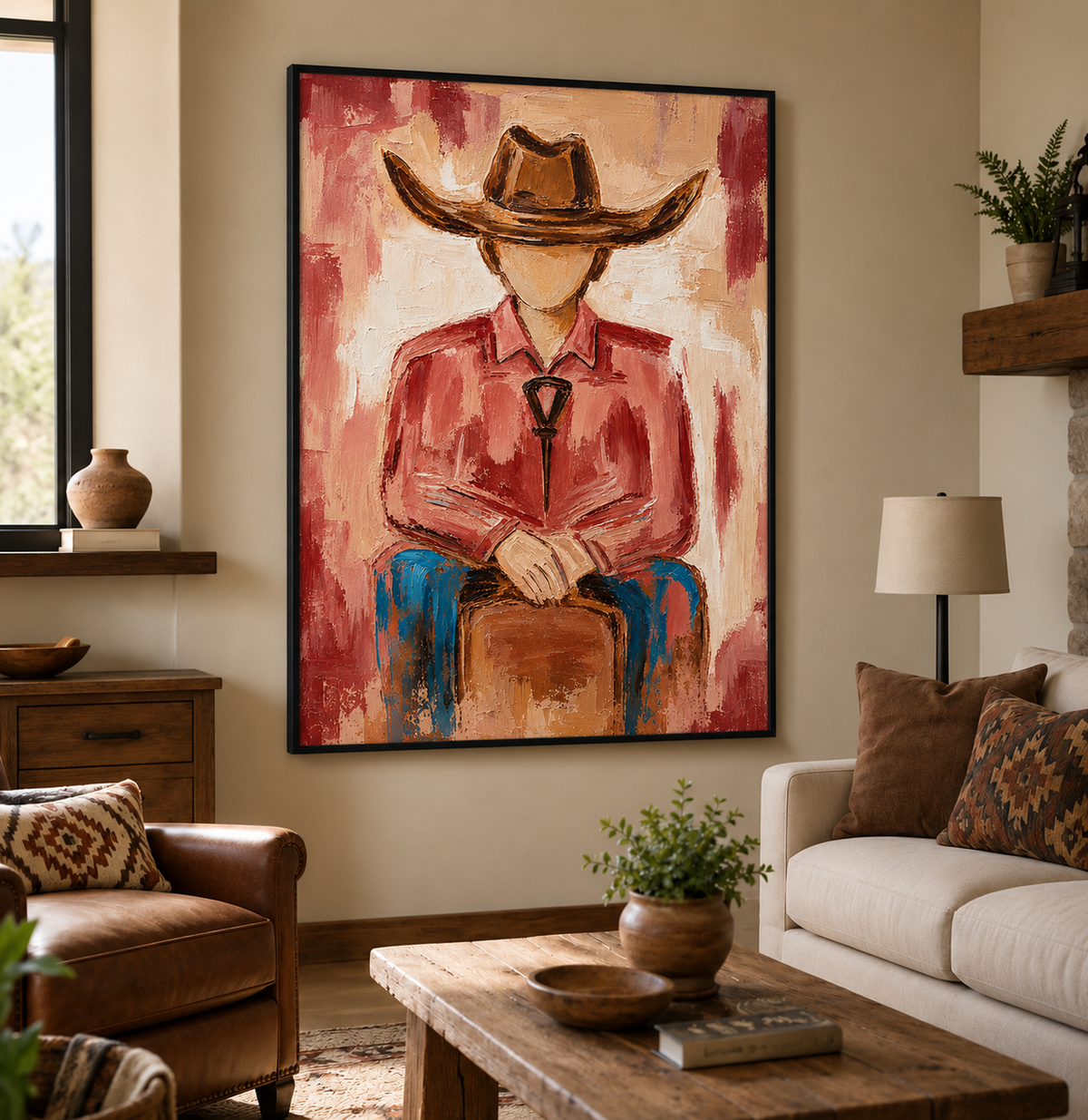Cowboy Portrait Canvas Painting With Red Shirt And Hat Original Hand-Painted Wall Art