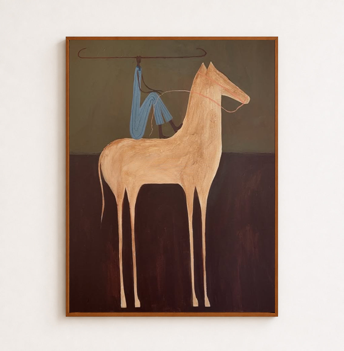 Minimalist Retro Horse Painting With Blue Figure For Modern Home Decor