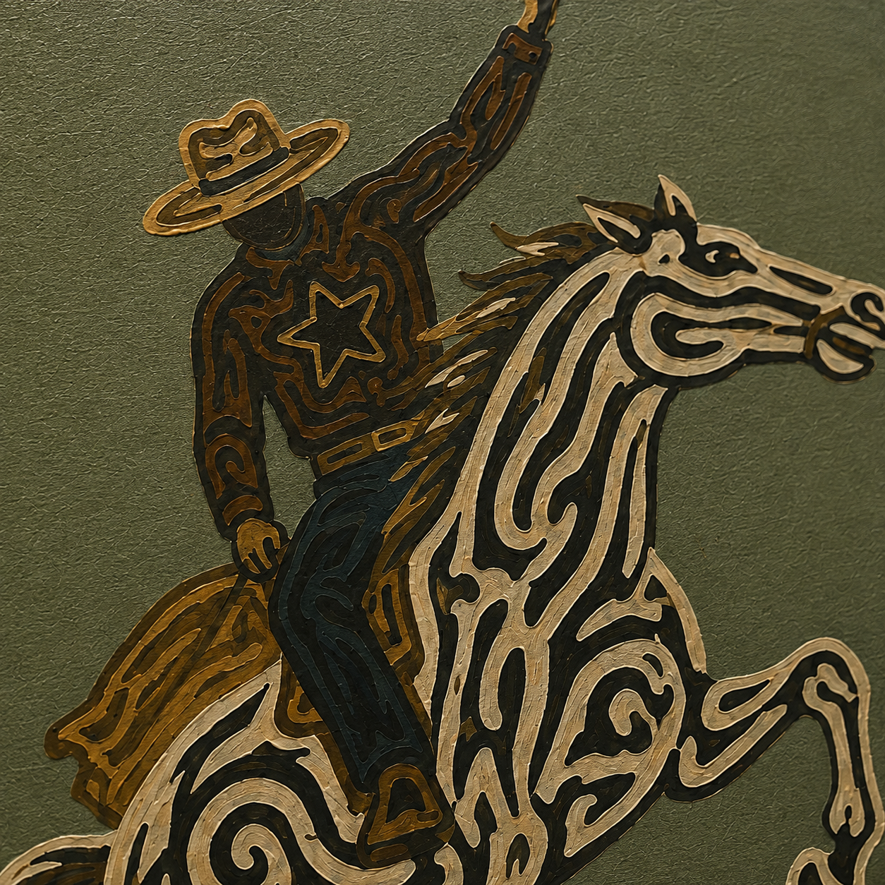 Olive Green Wall Art Dynamic Cowboy Wall Art, Bucking Horse Painting, Wild West Equestrian Decor