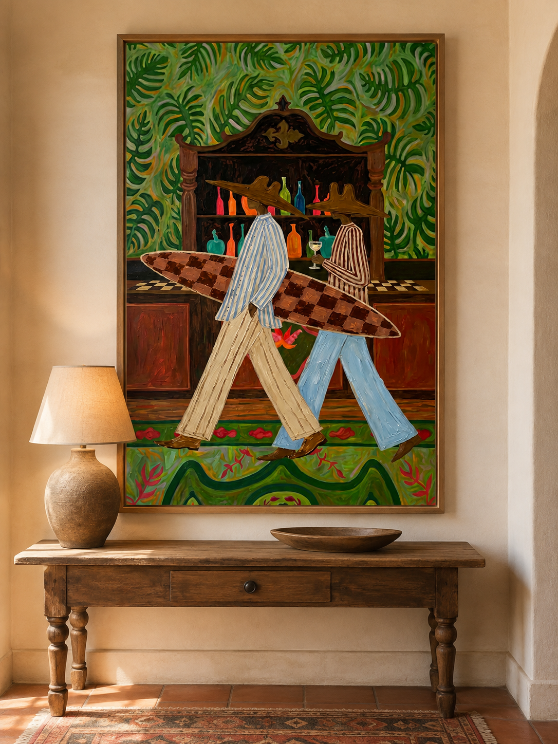 Vintage Tropical Surfboard Painting For Coastal Wall Decor With Retro Folk Art Style