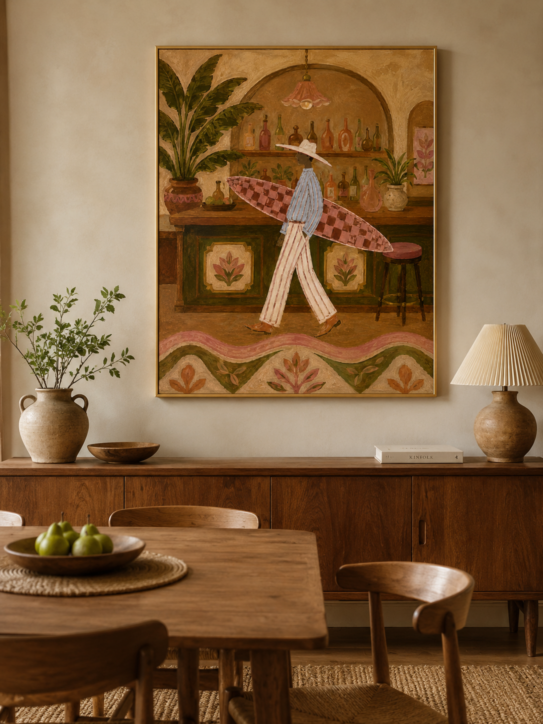 Retro Surfer Woman Painting, Coastal Bar Art, Vintage Resort Wall Decor Surfboard Wall Art