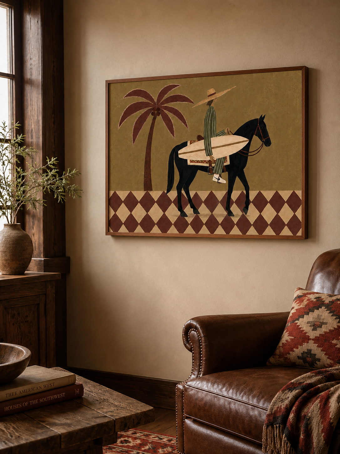 Olive Green Canvas Art With Diamond Floor Pattern And Rider Silhouette For Boho Chic Interior