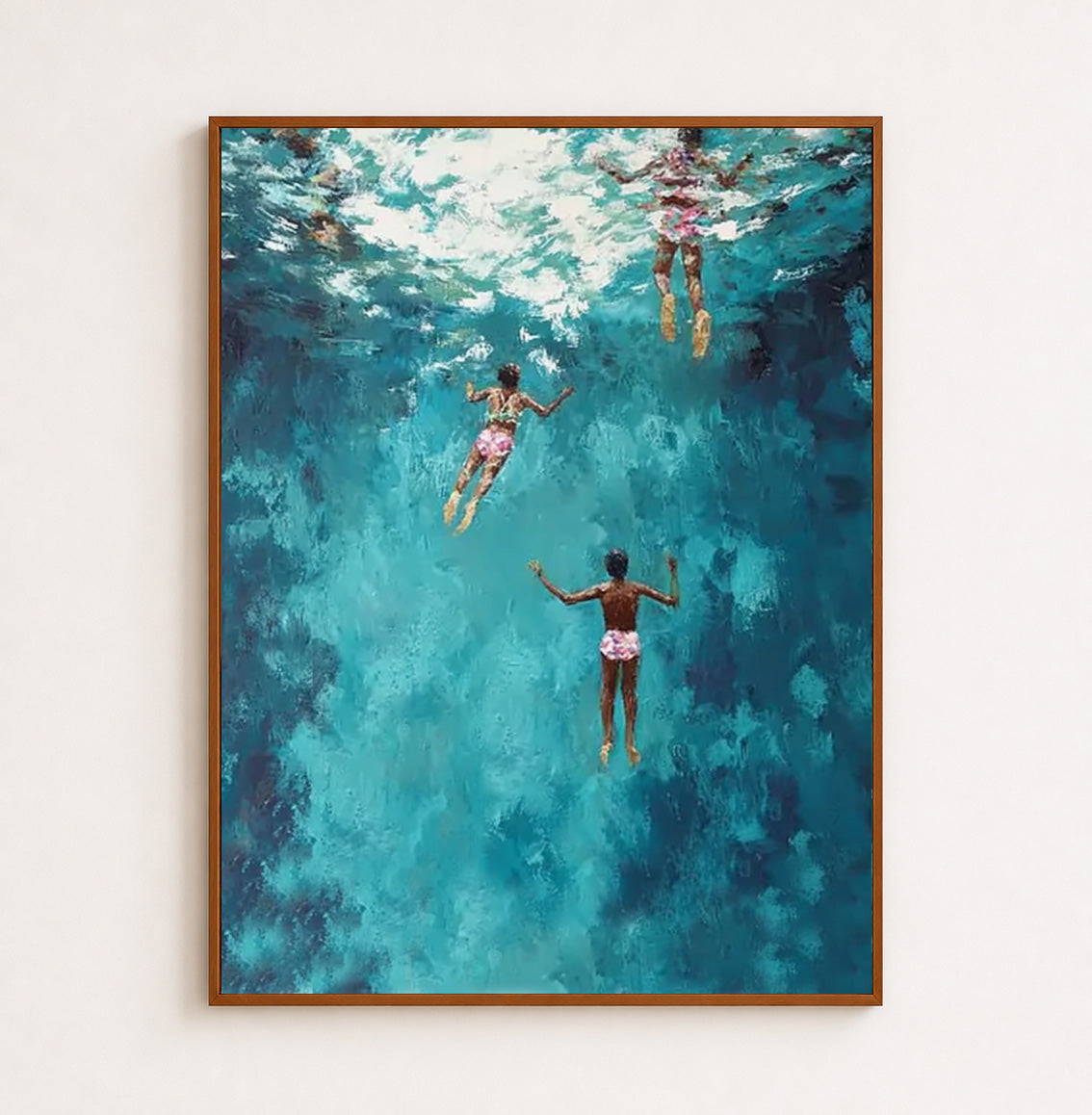 Large Blue Ocean Painting For Coastal Living Room With Figurative Swimmers And Textured Waves