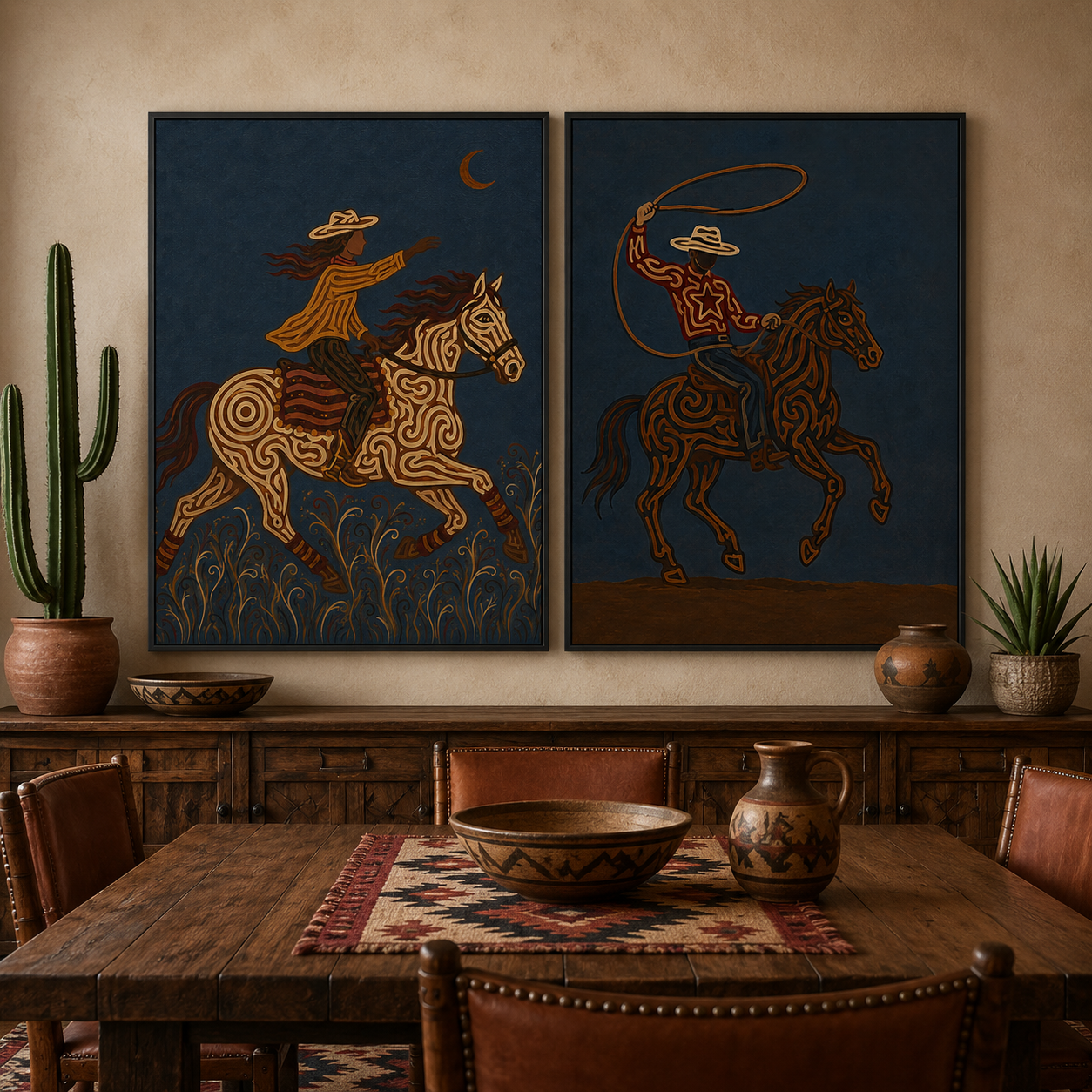 Moody Dark Blue Western Cowboy Wall Art Set Of 2, Vintage Equestrian Canvas Painting For Living Room