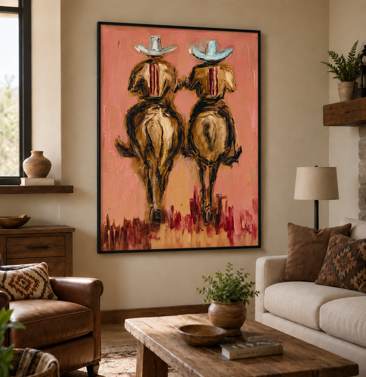 Horseback Riding Wall Art Western Riders On Horseback Hand-Painted Oil Painting | Rustic Wall Art