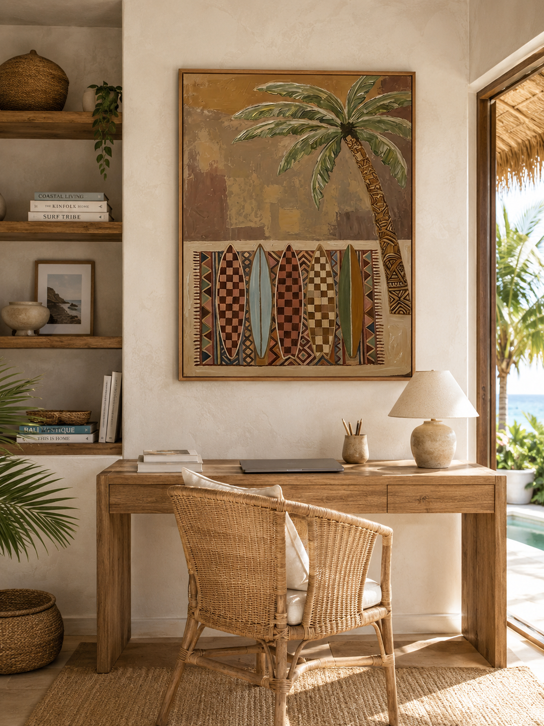 Bohemian Surfboard Painting With Palm Tree For Beach House Living Room Wall Art