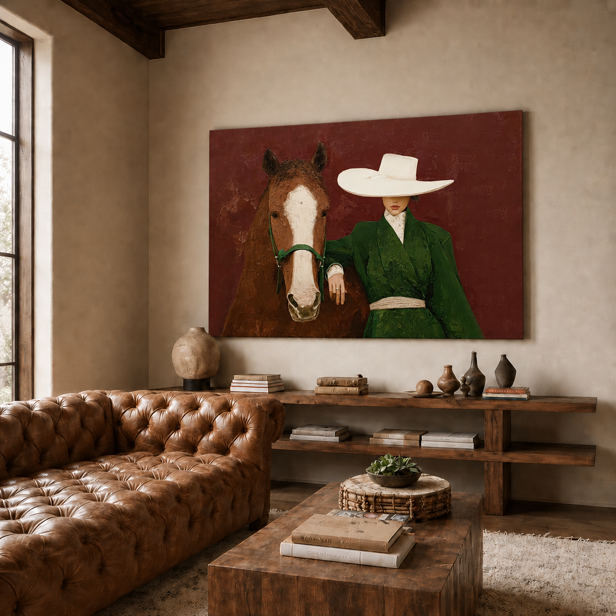 Elegant Woman With Horse Painting In Green Coat And Crimson Background For Living Room Decor