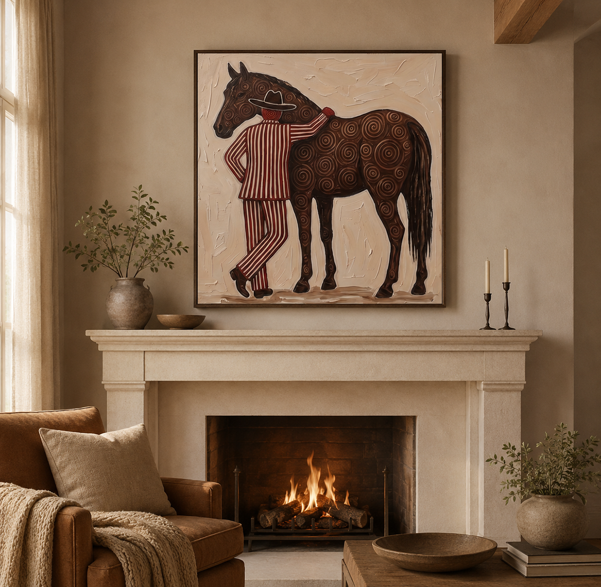 Vintage Cowboy And Horse Painting Square Canvas Art For Mens Gift
