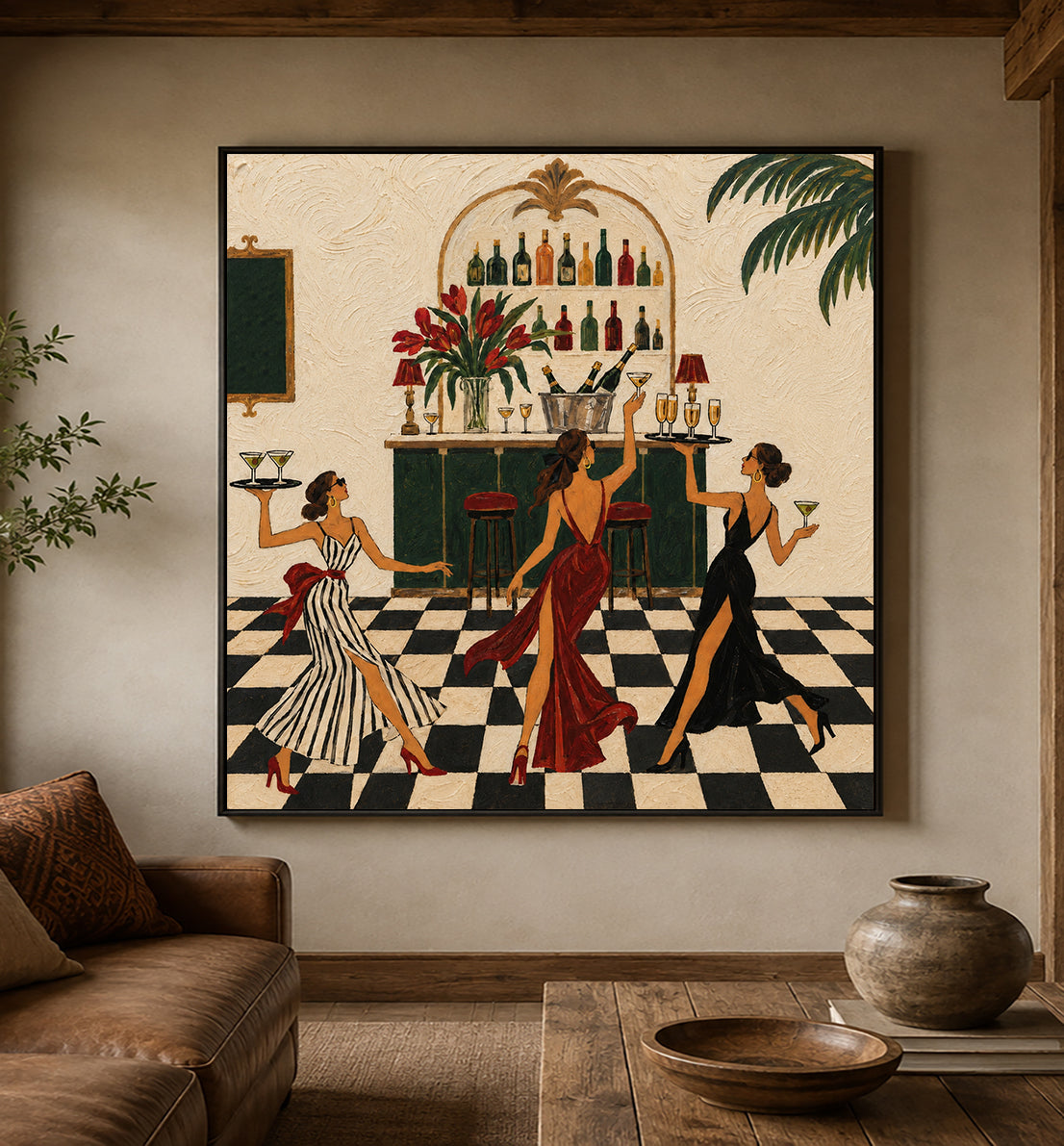 Art Deco Bar Wall Art For Dining Room And Home Bar Decor With Fashion Girls