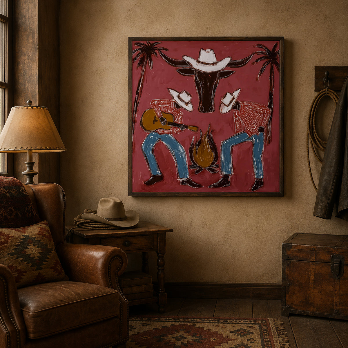 Cowboy Guitar Wall Decor Rustic Western Campfire Scene Canvas Painting For Living Room Decor