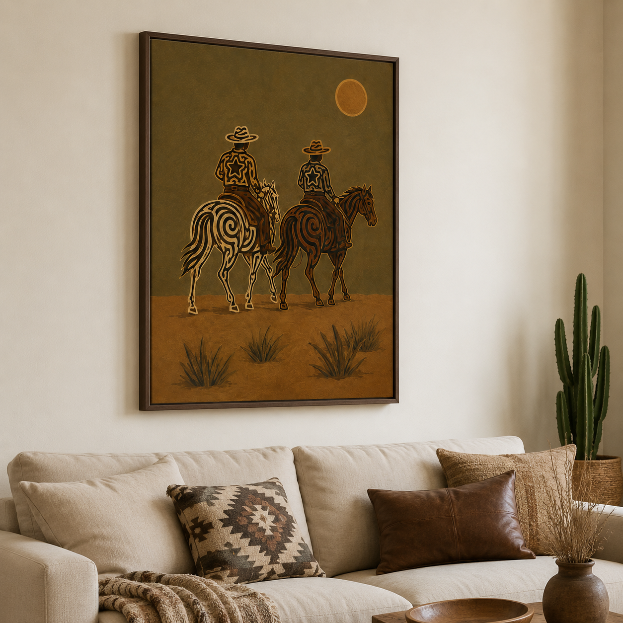 Moonlit Cowboys Painting, Western Horse Riders, Southwestern Desert Wall Art For Western Decor