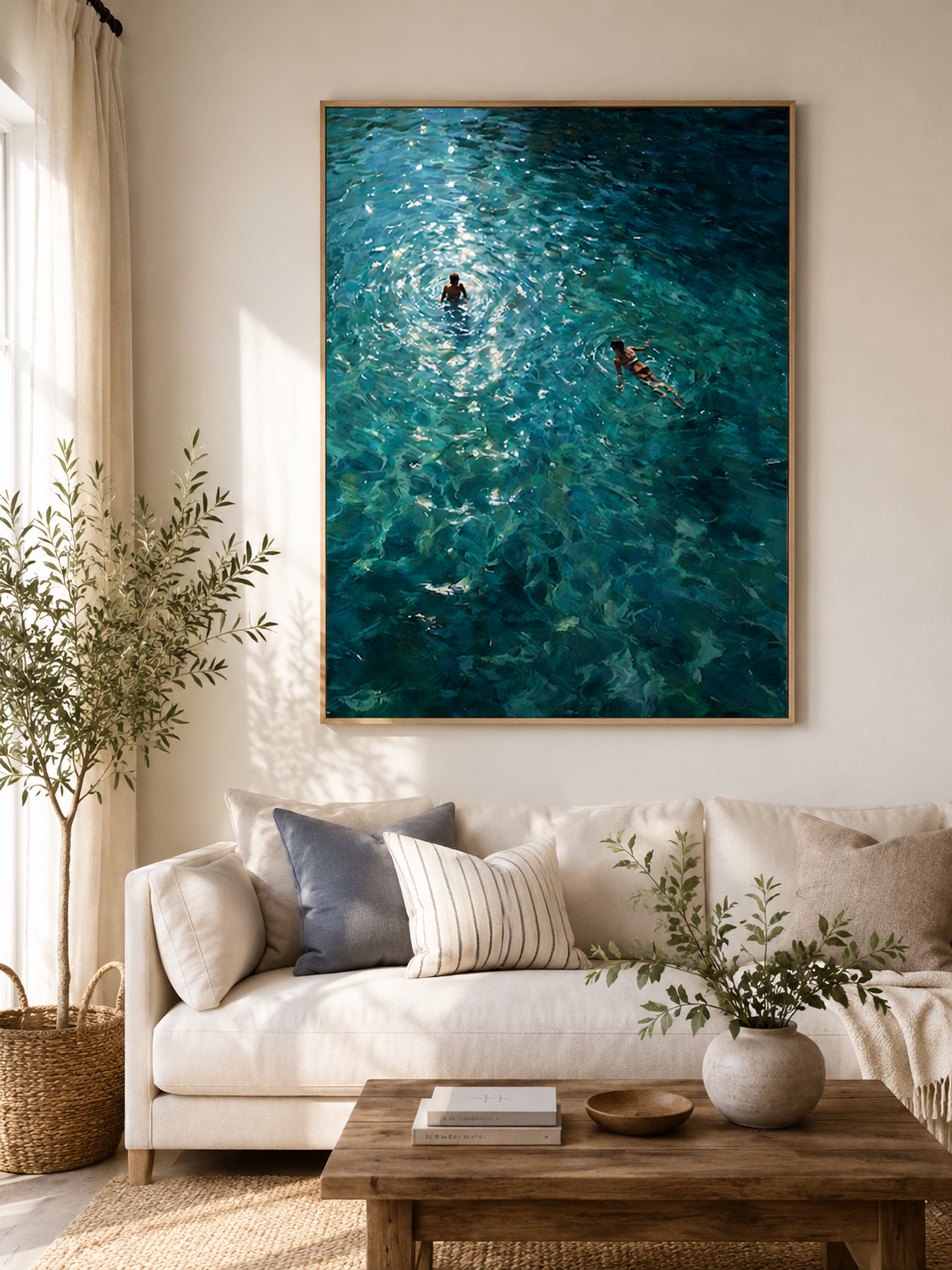 Turquoise Swimming Couple Painting For Summer Beach House Wall Decor Original Oil Art