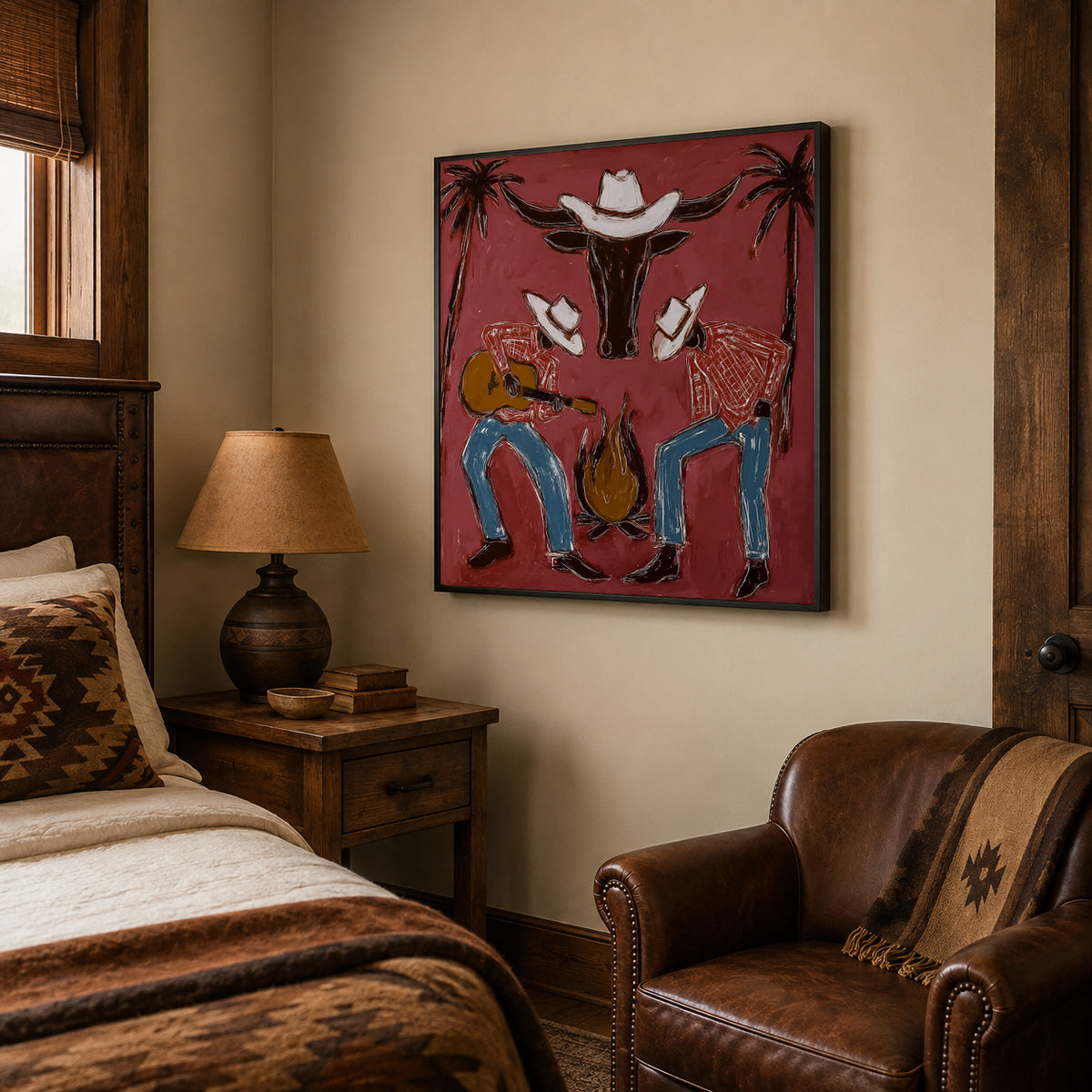 Cowboy Guitar Wall Decor Rustic Western Campfire Scene Canvas Painting For Living Room Decor