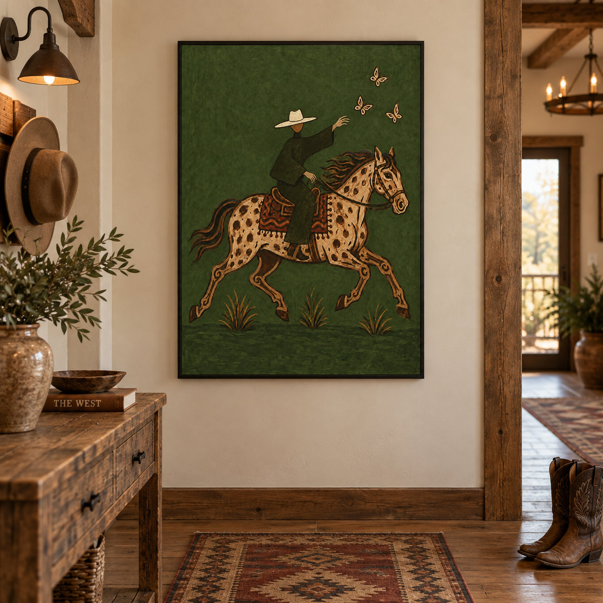 Cowboy And Spotted Horse Canvas Painting With Butterflies In Green