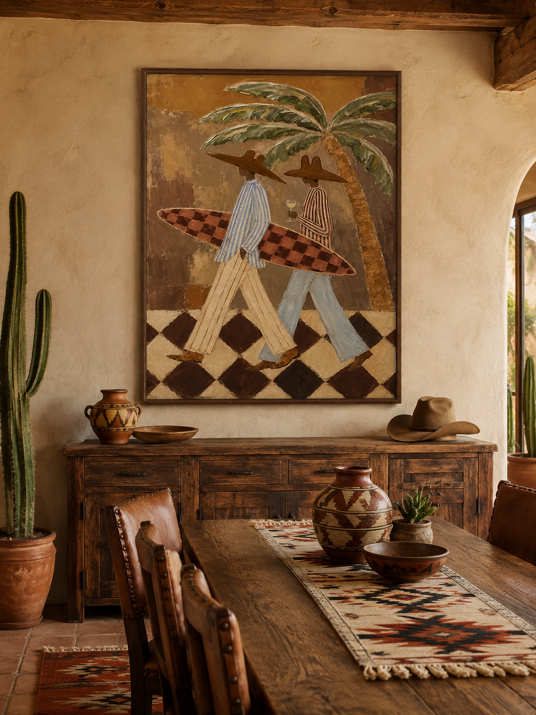 Figurative Summer Vacation Art With Checkered Surfboard And Tropical Palms