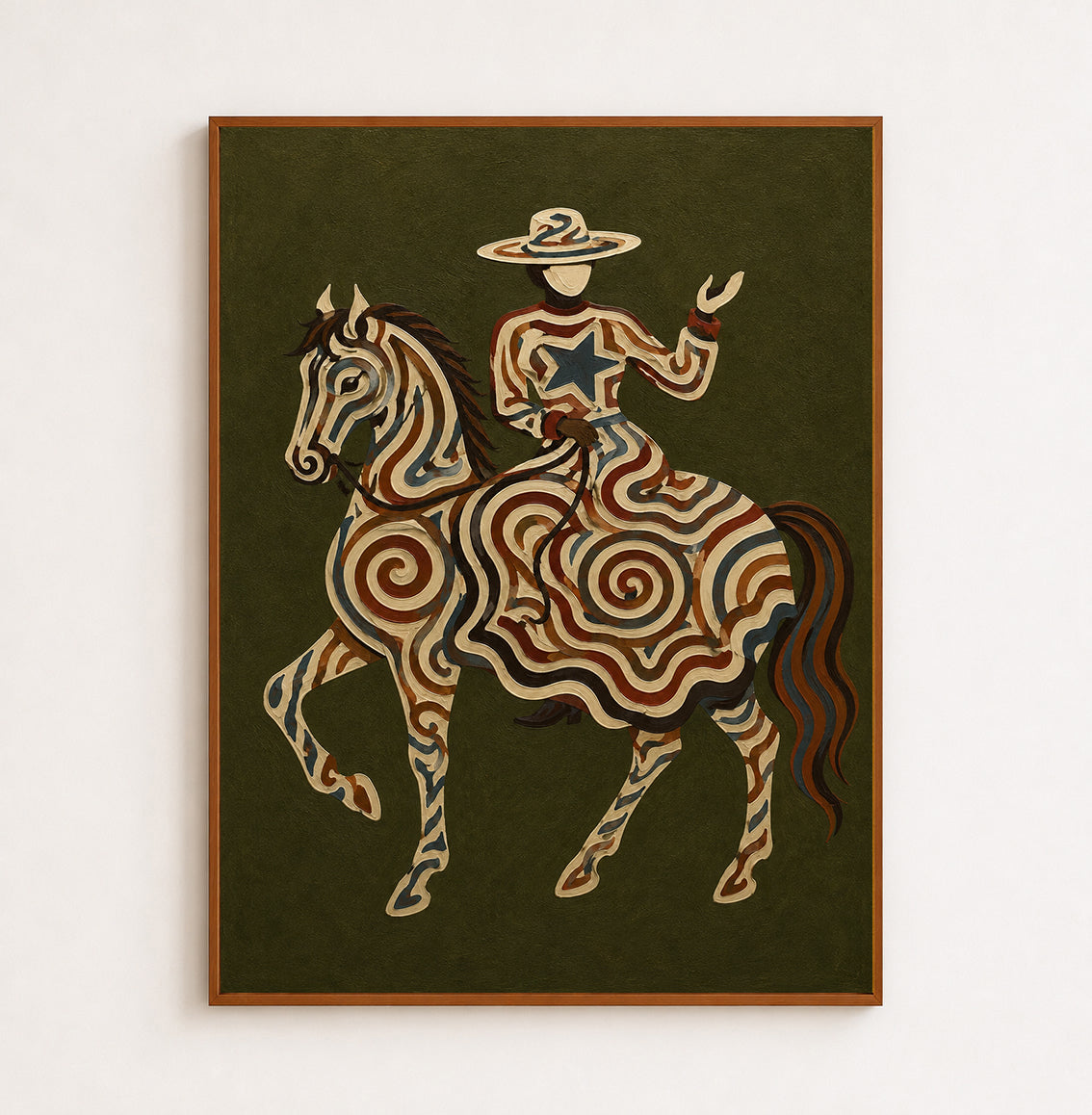 Vintage Cowgirl And Horse Painting Olive Green Wall Art For Living Room Decor