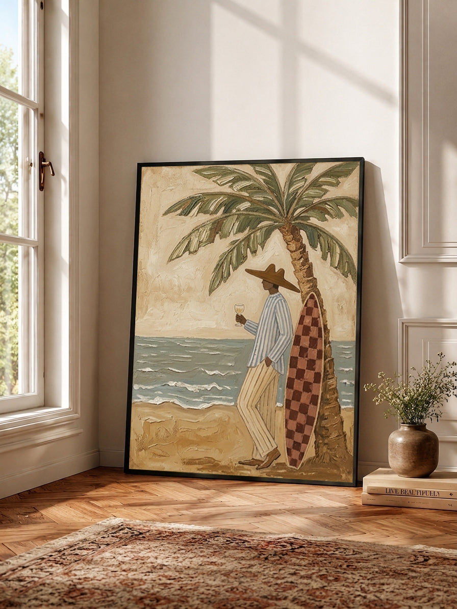 Textured Beach Canvas Art With Palm Tree And Surfer For Coastal Living Room Decor