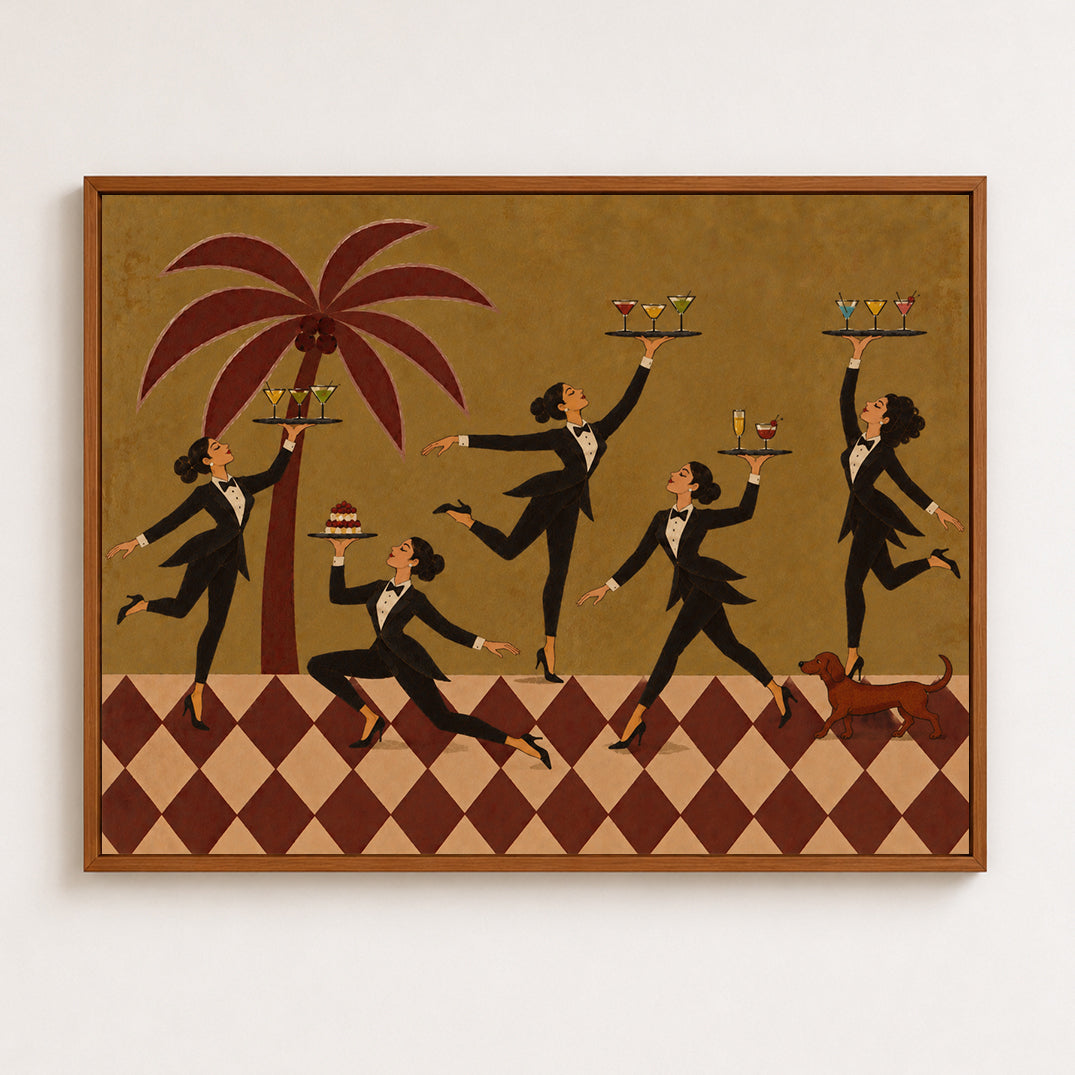 Vintage Women In Tuxedos Serving Cocktails Square Canvas Art With Red Palm Tree