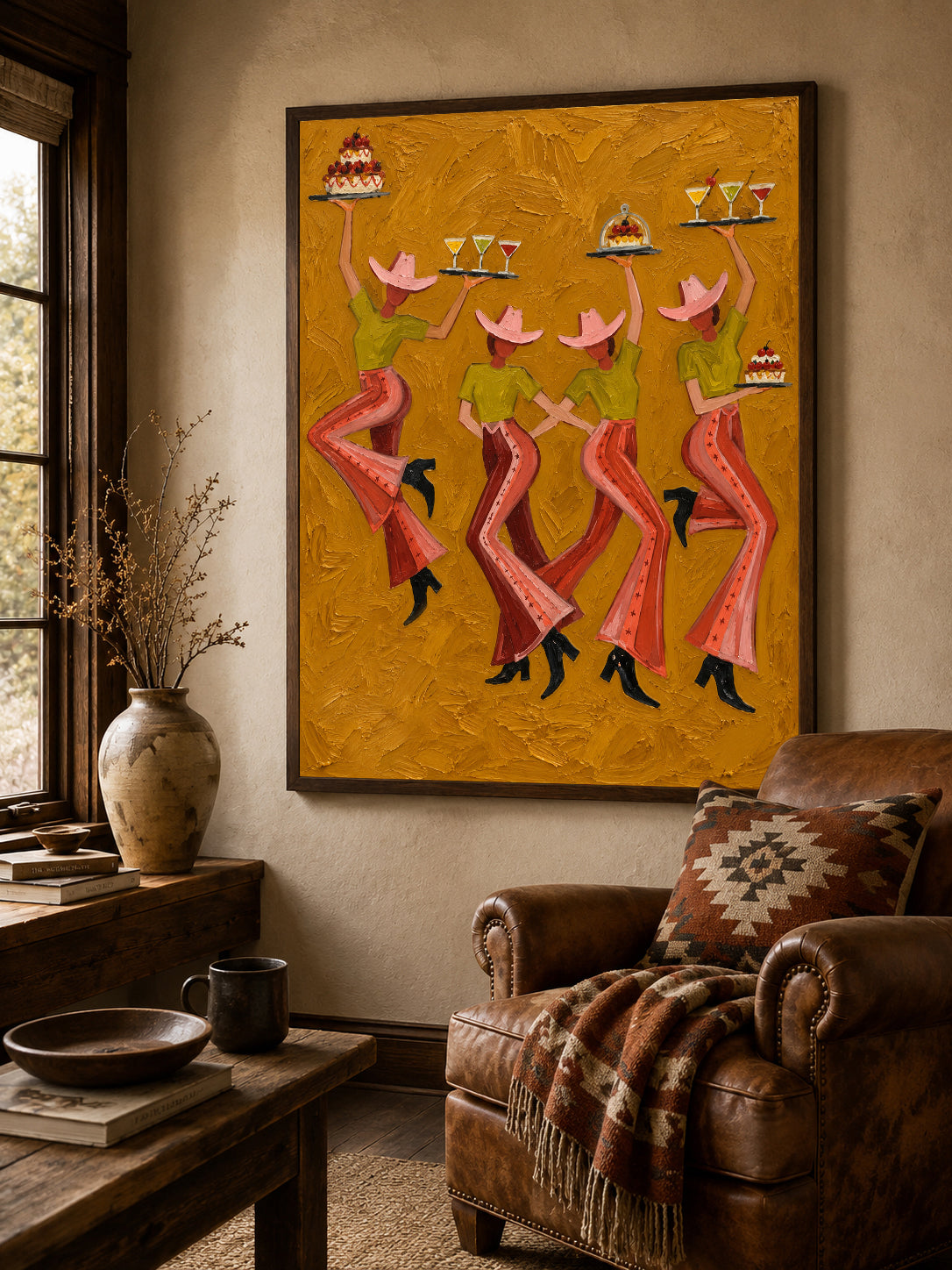 Vintage Cowgirl Party Canvas Painting With Cocktails And Cakes For Rustic Decor