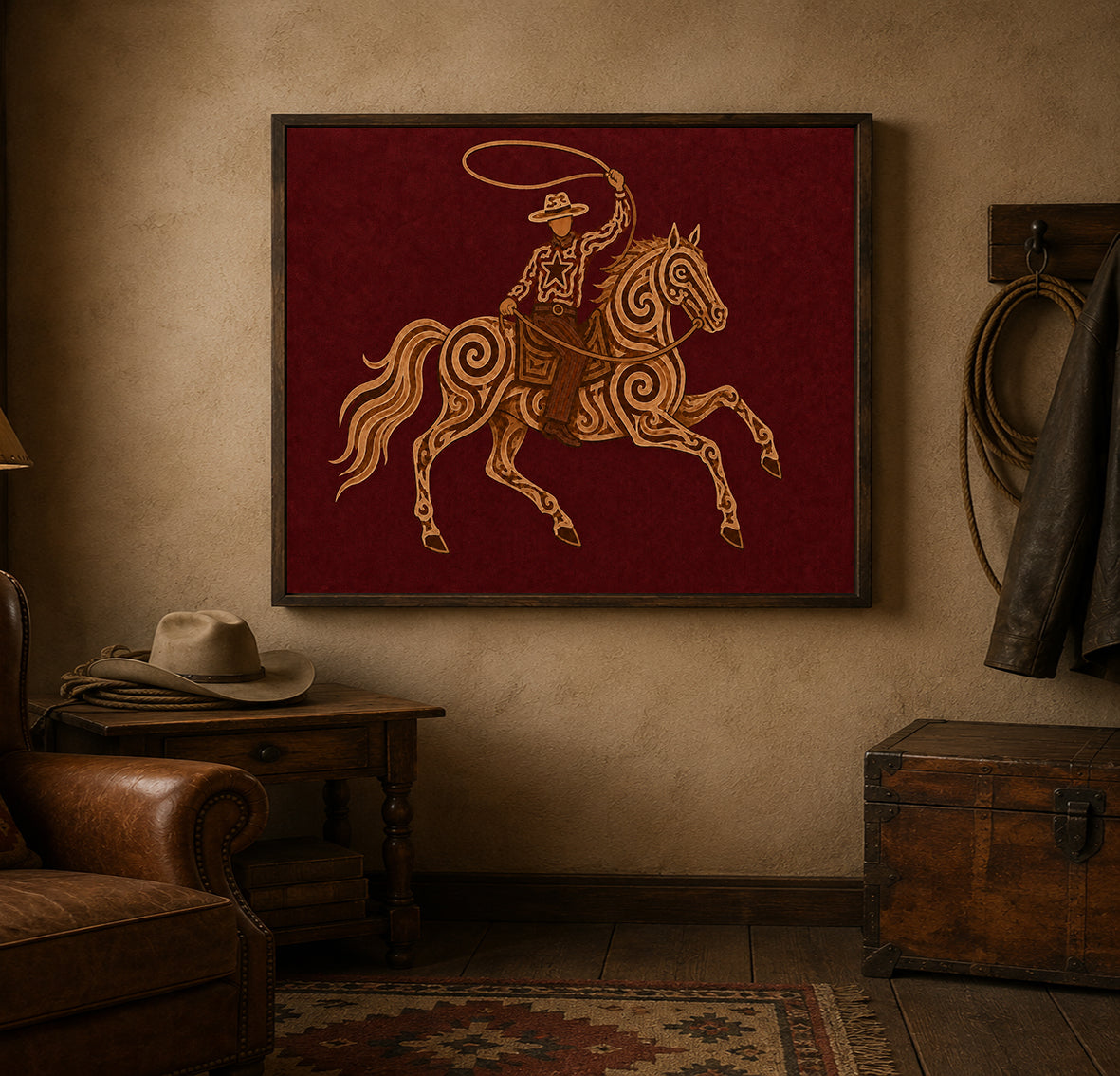 Red Cowboy Horse Oil Painting, Burgundy Western Wall Art, Lasso Rodeo Ranch Decor