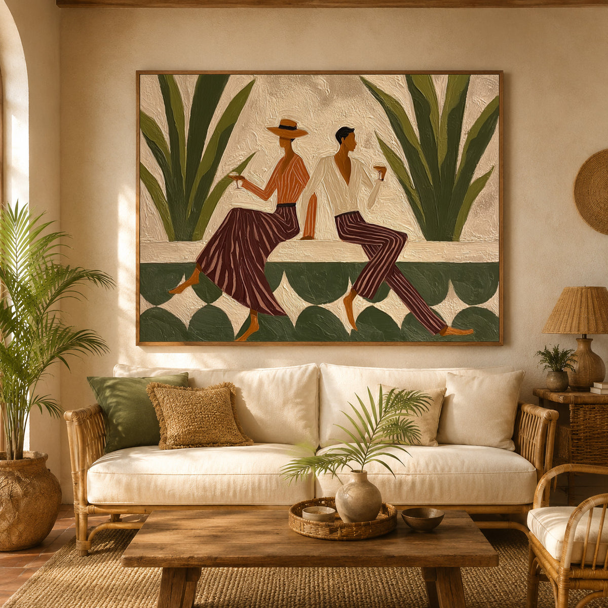 Vintage Figure Painting With Agave Plants Hand-Painted Canvas Art Olive Green Wall Art For Modern Living Room