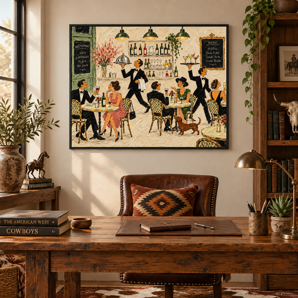 French Restaurant Wall Art, Paris Bistro Dining Scene Painting, Vintage Cafe Waiters Wine Bar Decor