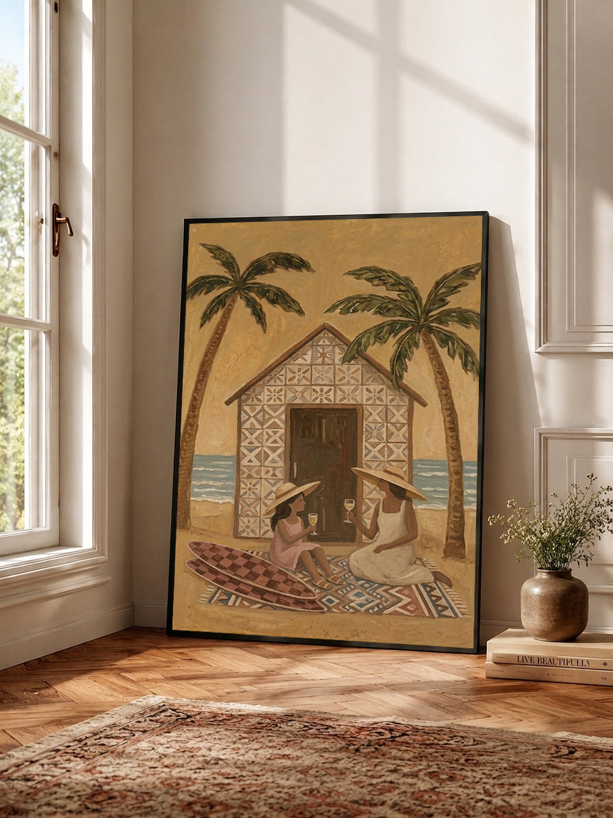Bohemian Beach Art With Palm Trees And Mother Daughter Scene For Coastal Home Wall Decor