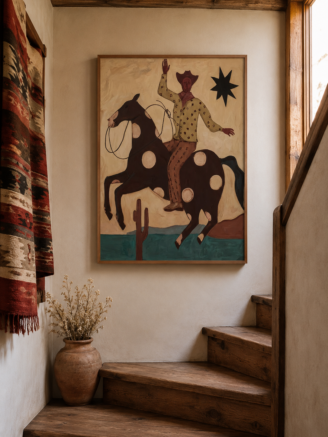 Figurative Cowboy Painting With Spotted Horse And Desert Landscape In Retro Vintage Style