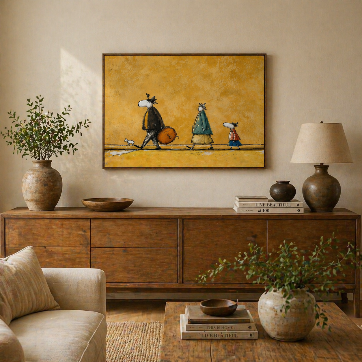 Hand-Painted Whimsical Parade - Retro Character & Dog Oil Painting for Modern Home Decor