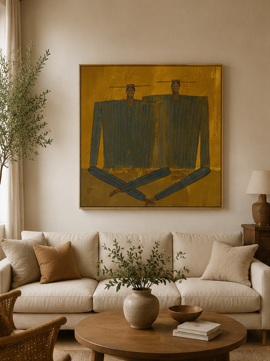 Hand-Painted Figurative Abstract Portrait - Textured Striped People Art for Modern Decor