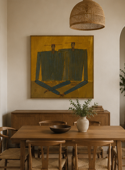 Hand-Painted Figurative Abstract Portrait - Textured Striped People Art for Modern Decor