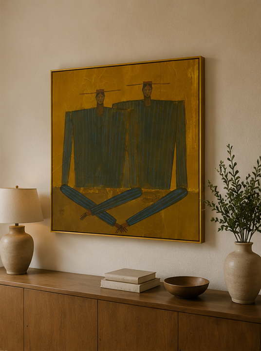 Hand-Painted Figurative Abstract Portrait - Textured Striped People Art for Modern Decor