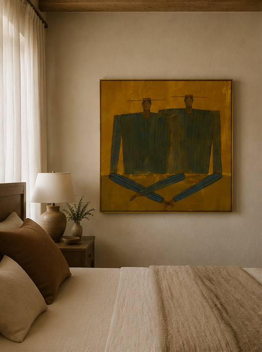 Hand-Painted Figurative Abstract Portrait - Textured Striped People Art for Modern Decor