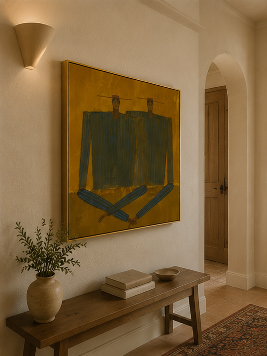 Hand-Painted Figurative Abstract Portrait - Textured Striped People Art for Modern Decor