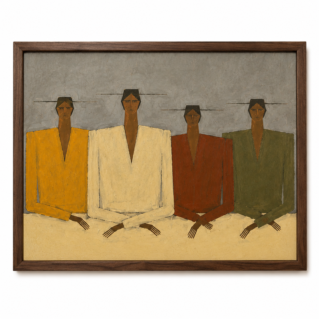 Mid-Century Minimalist Abstract People Oil Painting - Muted Earth Tones on Canvas