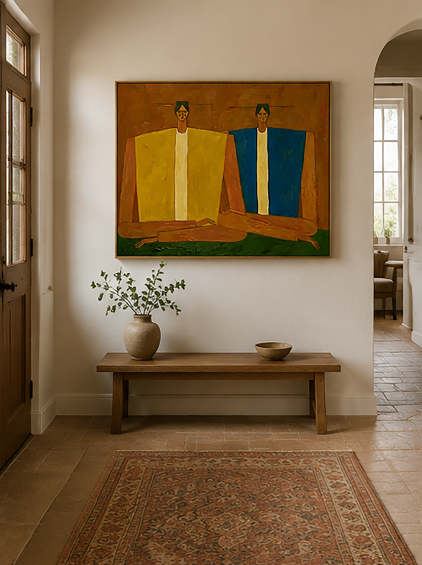 Mid-Century Modern Abstract Figurative Oil Painting - Earthy Abstract People Wall Art