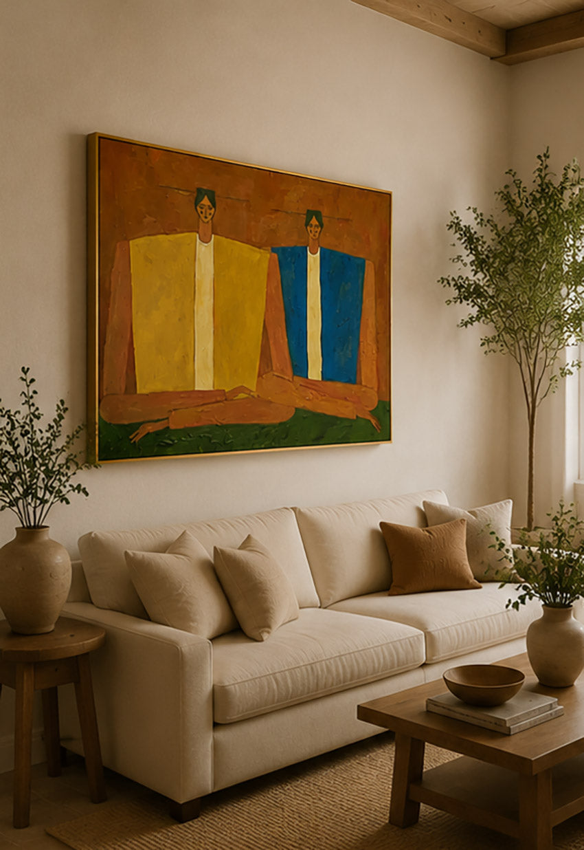 Mid-Century Modern Abstract Figurative Oil Painting - Earthy Abstract People Wall Art