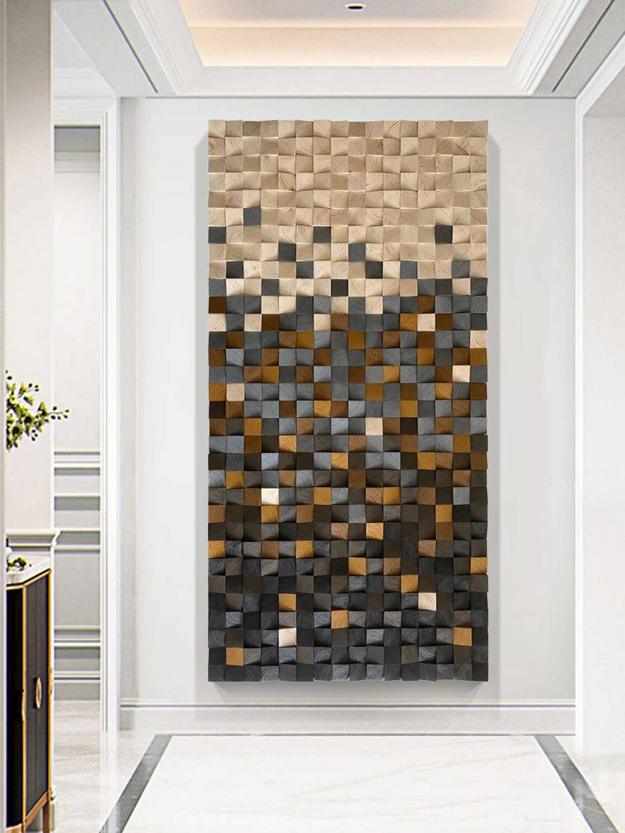 Hand-Painted Wood Carving Wall Art: Geometric Wood Decor Art