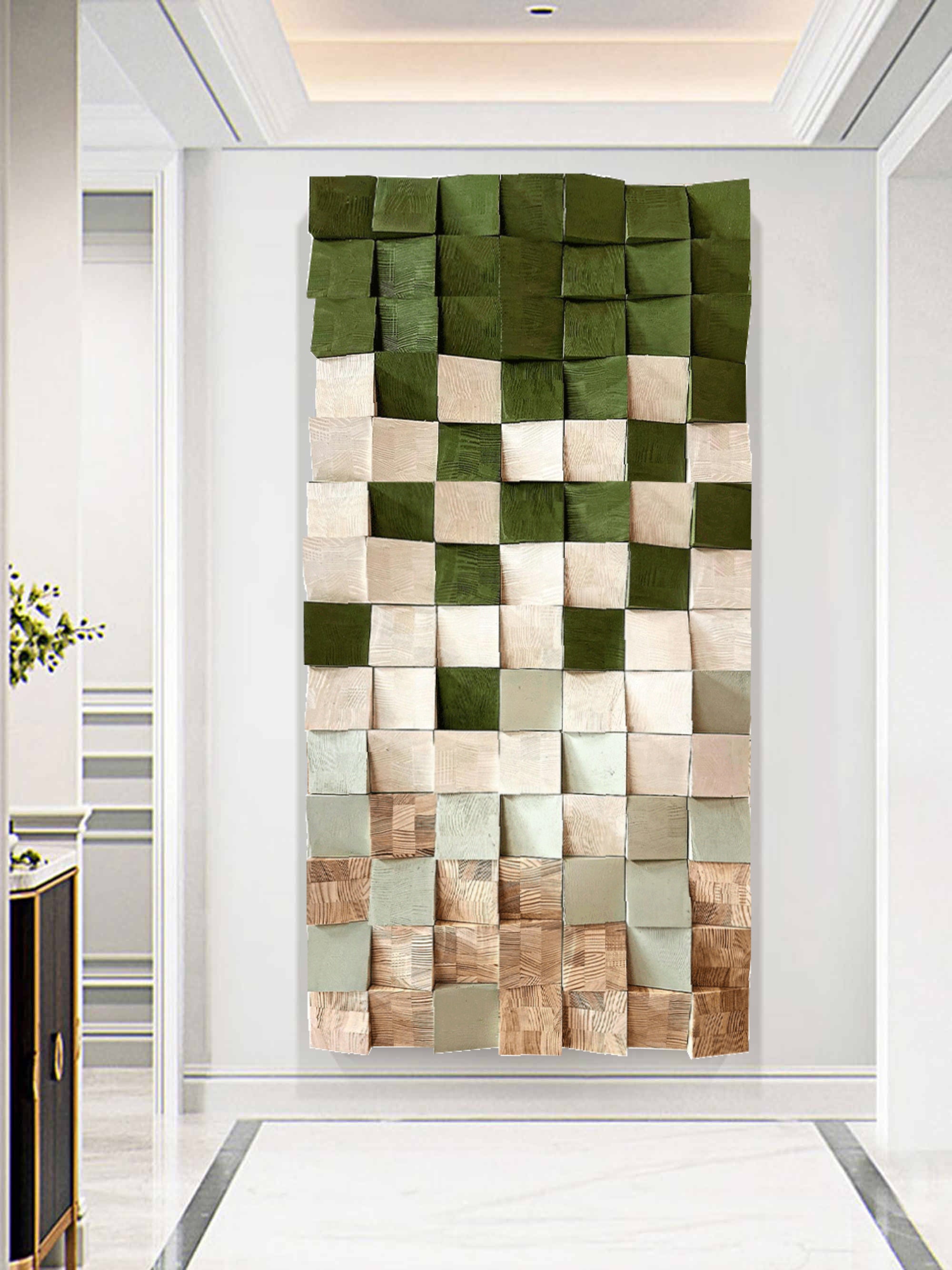 Green Geometric Wood Art: Textured Wall Sculpture Decor art Painting